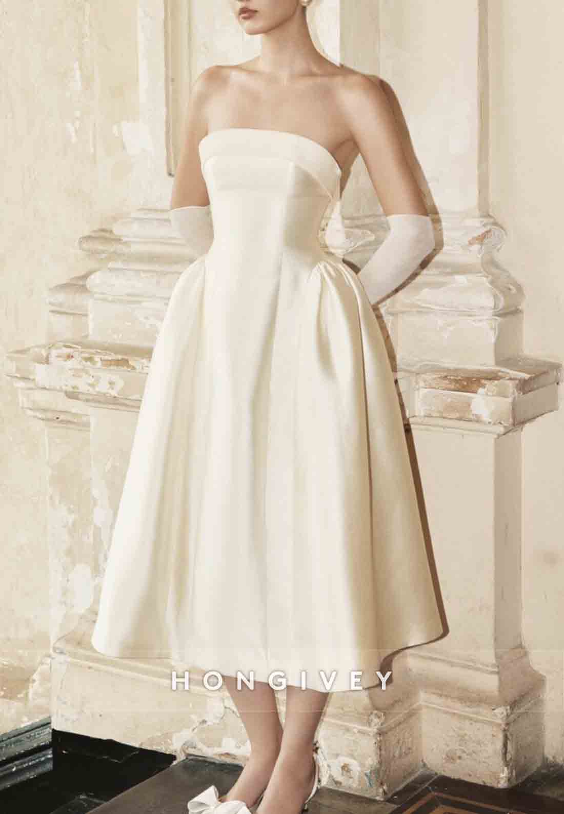 Satin Tea-Length Strapless Pleated Low Back Princess Wedding Dresses