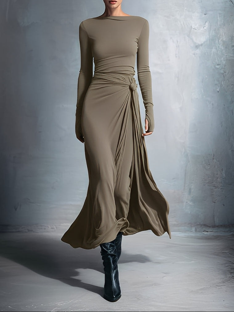 Boat Neck Long Sleeve Ruched Twist Maxi Dress 6