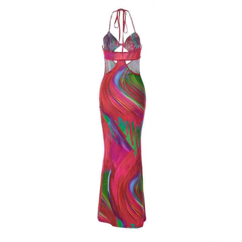 Abstract Print Halter Cowl Neck Backless Fishtail Maxi Dress 4