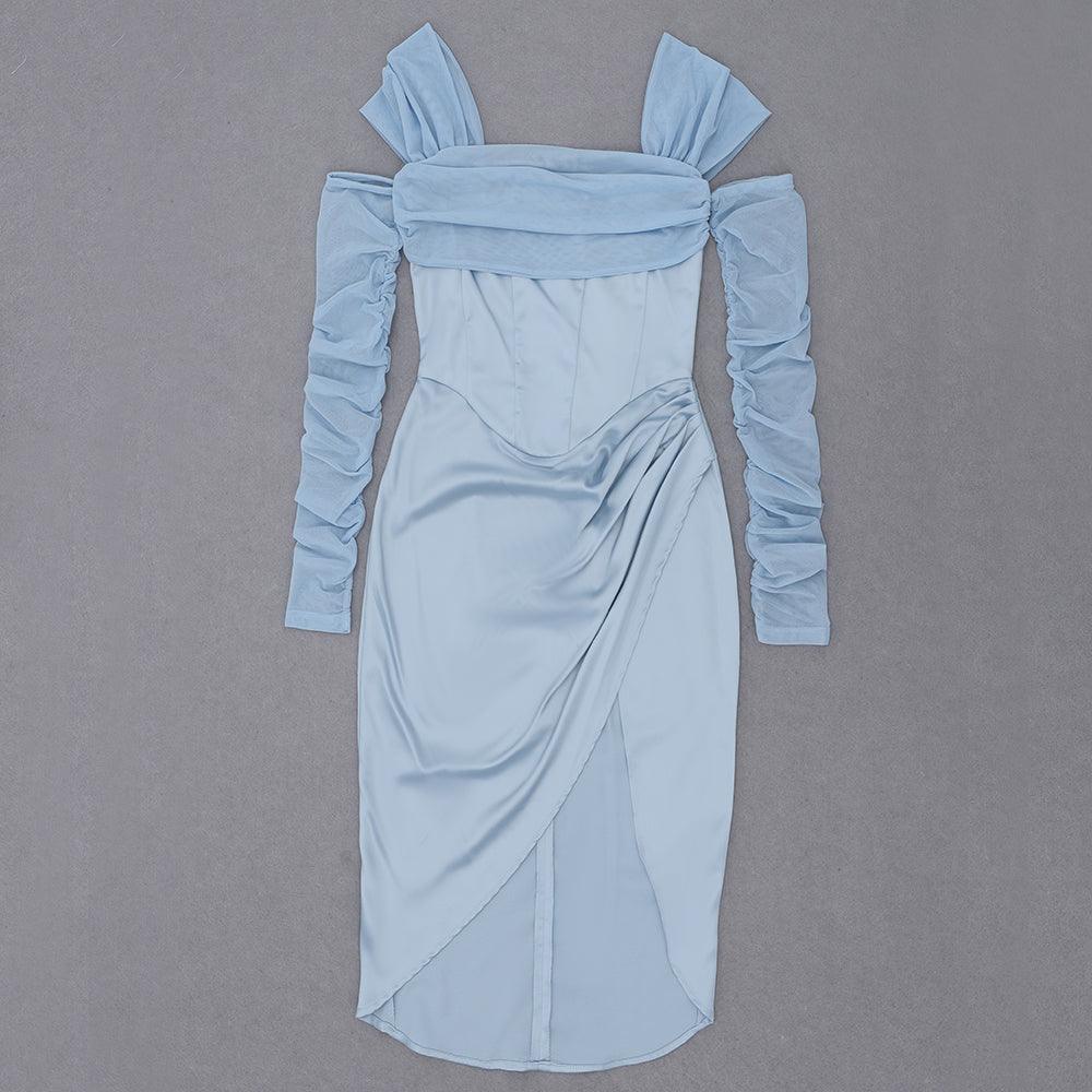 Satin Off Shoulder Mesh Sleeve Corset Wrap Midi Dress