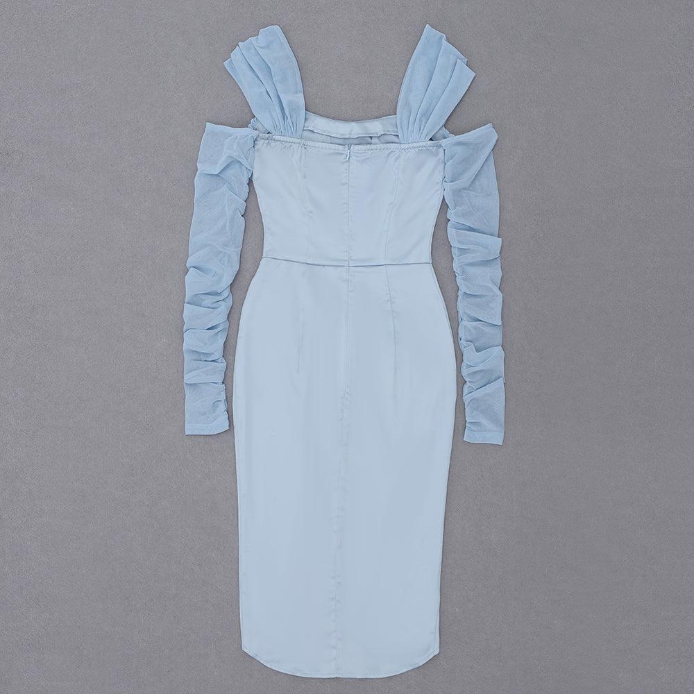 Satin Off Shoulder Mesh Sleeve Corset Wrap Midi Dress