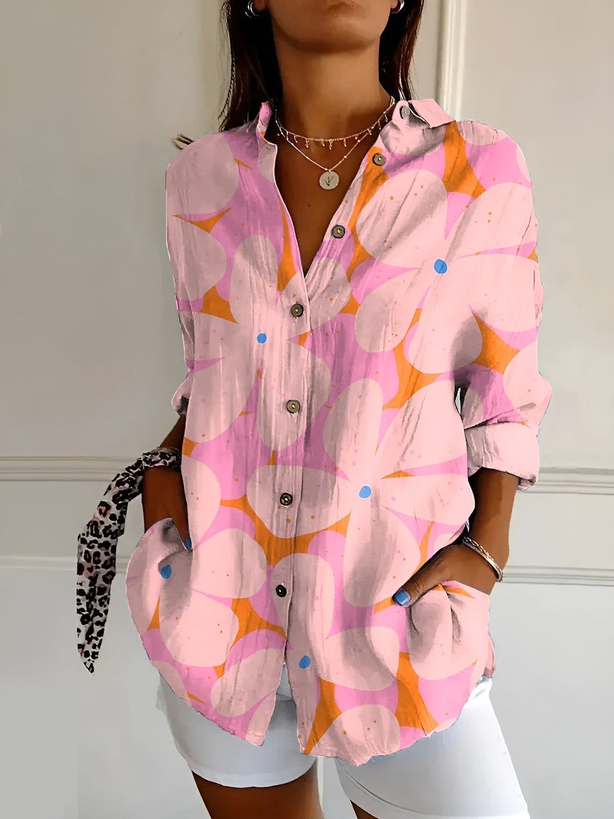 Floral Print Collared Long Sleeve Button Front Shirt 6