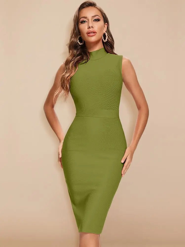 Bandage Mock Neck Sleeveless Ribbed Bodycon Midi Dress