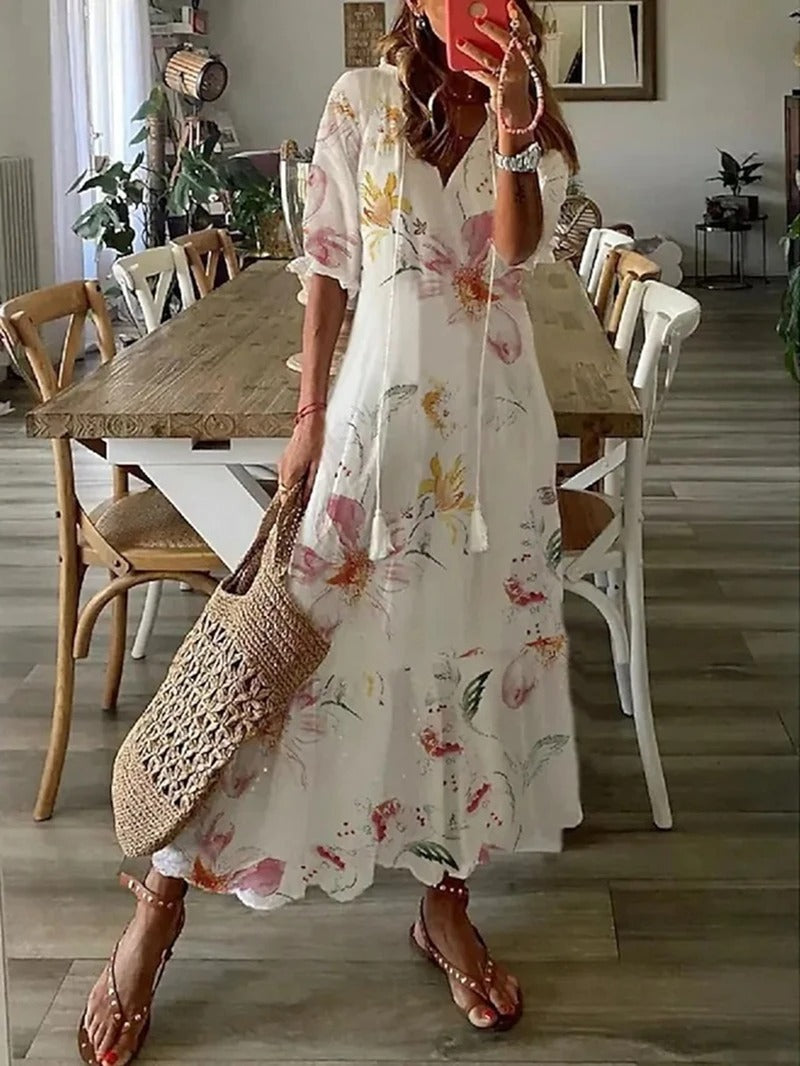 Floral Print Tassel Tie Drawstring Deep V-Neck Tiered Dress