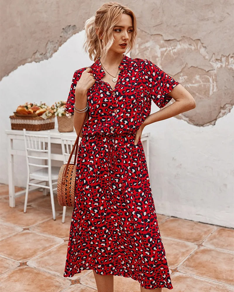 Leopard Print Collared Button Down Short Sleeve Midi Dress - View 6