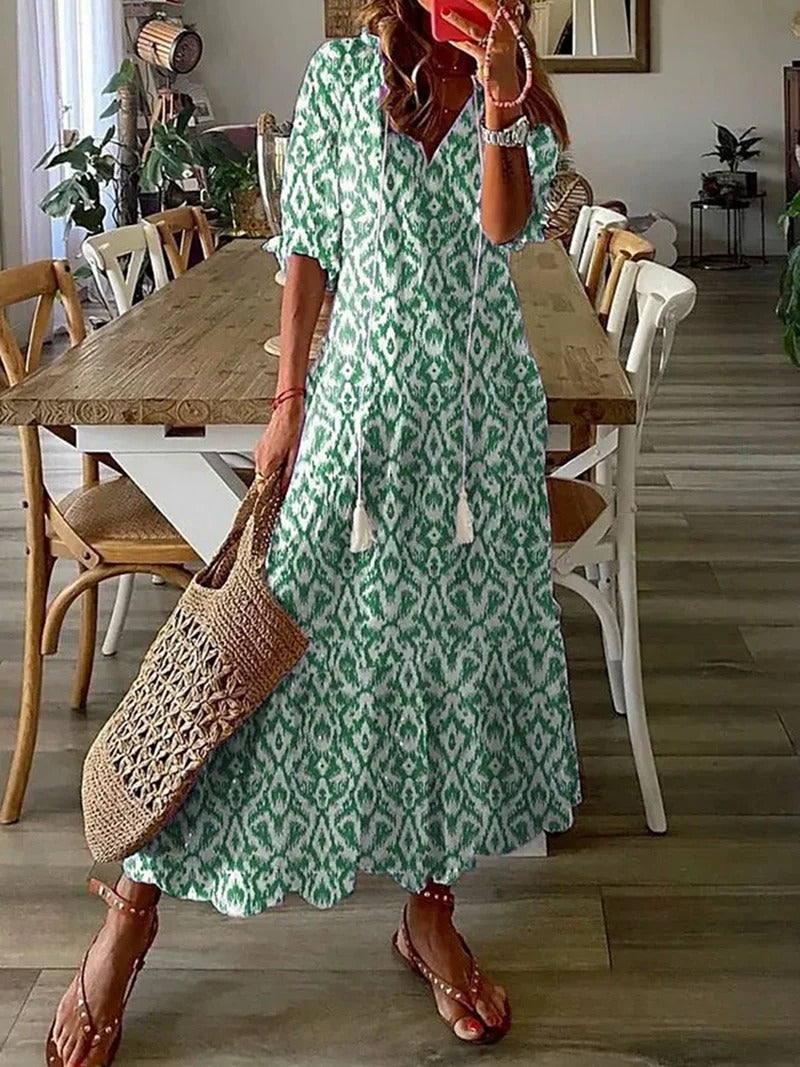 Floral Print Tassel Tie Drawstring Deep V-Neck Tiered Dress - View 2