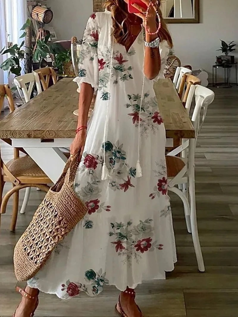 Floral Print Tassel Tie Drawstring Deep V-Neck Tiered Dress - View 7
