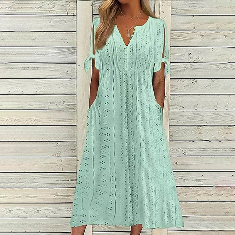 Eyelet Lace V-Neck Button Front Tie Cuff Short Sleeve Midi Dress