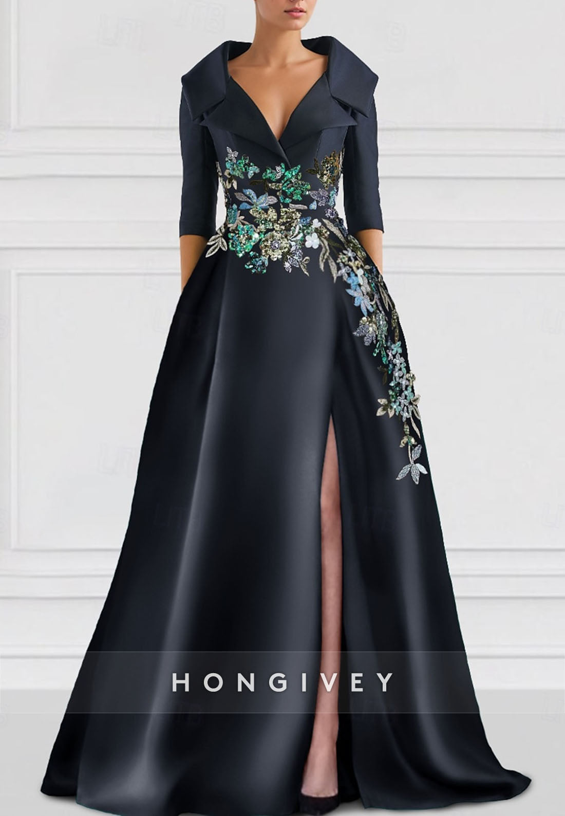 High Slit Princess Floor-Length V Neck Satin 3/4 Sleeve Pleated Appliqued Evening Gown