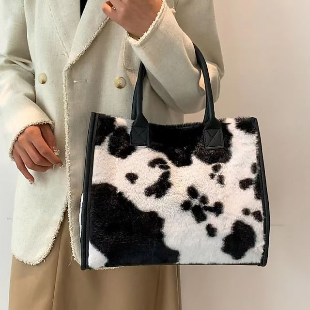 Tote Bag with Leather Faux Leopard Print Brown Fur