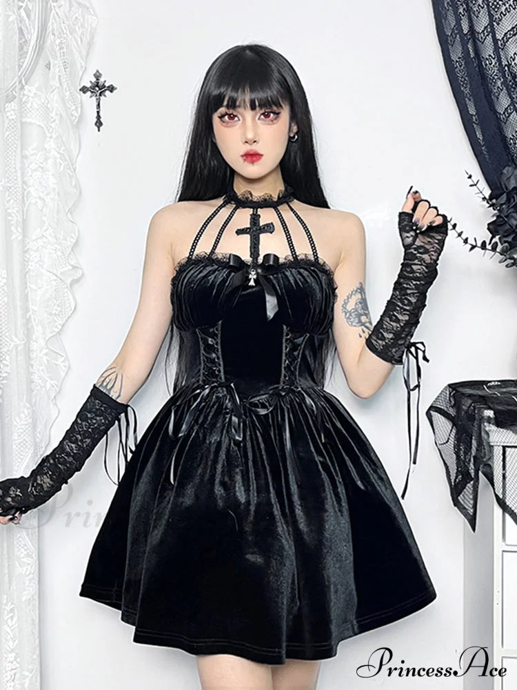 Velvet Criss-Cross Halter Vintage Draped Lace Sleeveless Bodycon Backless A-Line Dress