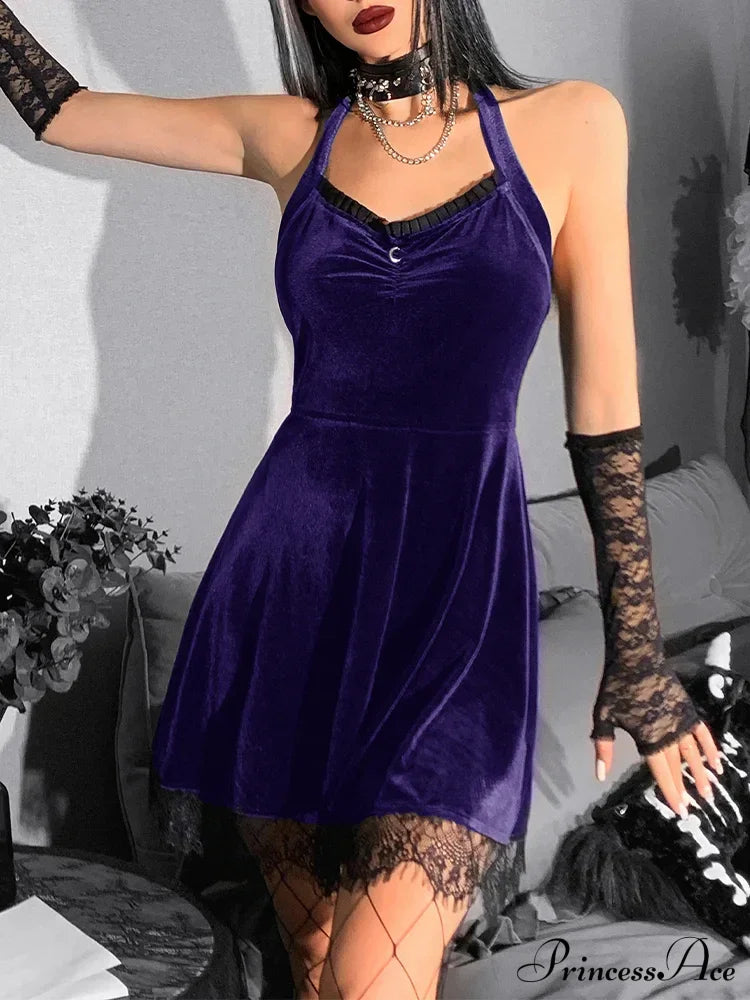 Velvet Gothic Green Sexy Halter Y2K Backless Lace Patchwork High Waist Mini Dress