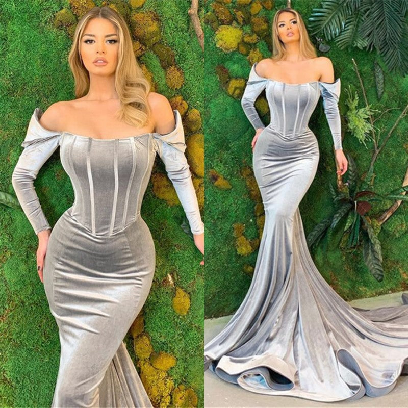 Velvet Long Sleeves Prom Dress Mermaid Long Evening Gowns - Fashionpara