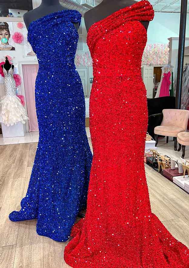 Velvet Sequins Prom Dress/Evening Dress with One-Shoulder Sleeveless Court Train for Trumpet/Mermaid - Fashionpara