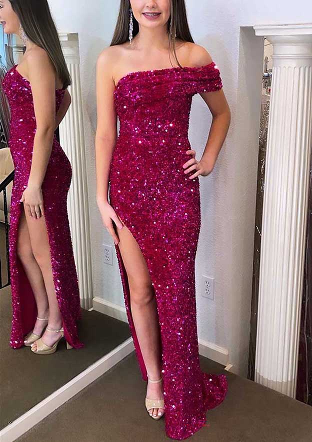 Velvet Sequins Prom Dress/Evening Dress with One-Shoulder Sleeveless Court Train for Trumpet/Mermaid - Fashionpara