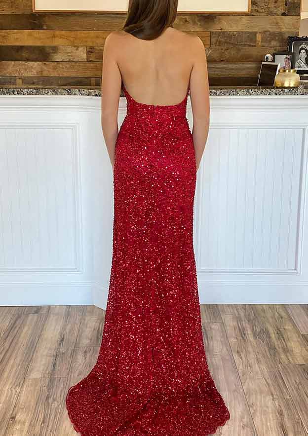 Velvet Sequins Prom Dress/Evening Dress With Split - Sheath/Column V-Neck Sleeveless Court Train - Fashionpara