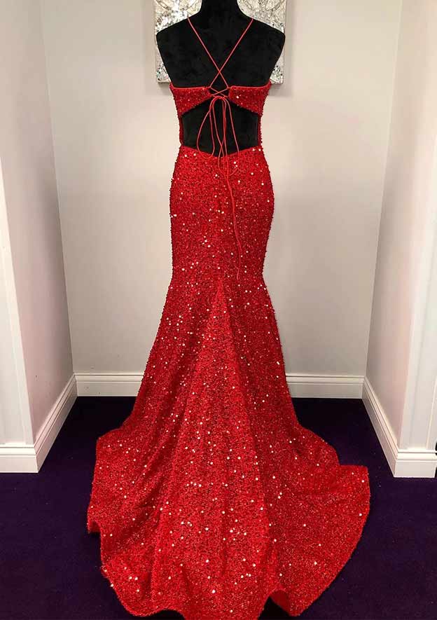 Velvet Sequins Prom Dress/Evening Dress with Trumpet/Mermaid Halter Sleeveless Sweep Train - Fashionpara