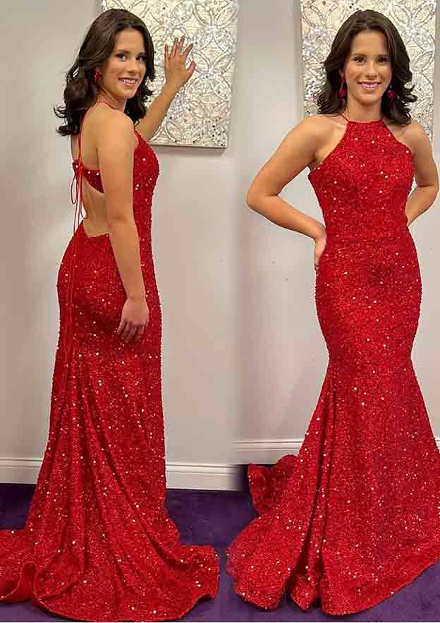 Velvet Sequins Prom Dress/Evening Dress with Trumpet/Mermaid Halter Sleeveless Sweep Train - Fashionpara