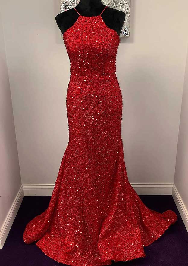 Velvet Sequins Prom Dress/Evening Dress with Trumpet/Mermaid Halter Sleeveless Sweep Train - Fashionpara