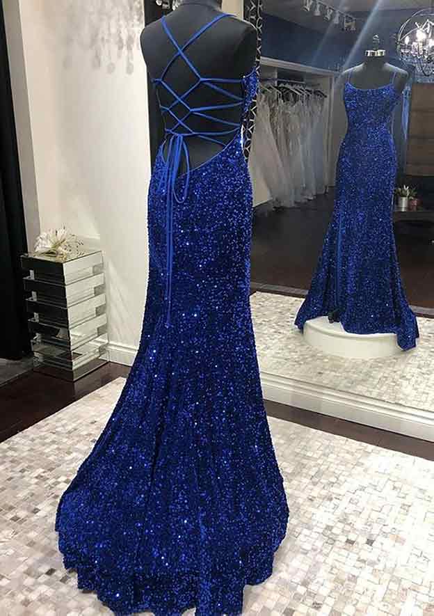 Velvet Sequins Prom Dress/Evening Dress with Trumpet/Mermaid Square Neckline and Sleeveless Sweep Train - Fashionpara