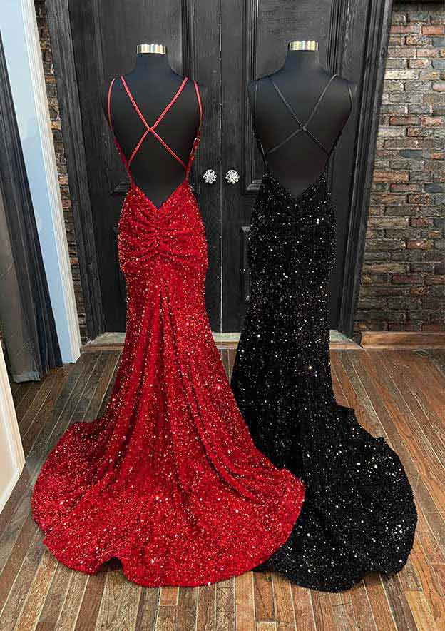 Velvet Sequins Trumpet/Mermaid V-Neck Court Train Prom Dress/Evening Dress with Pleated Sleeveless - Fashionpara