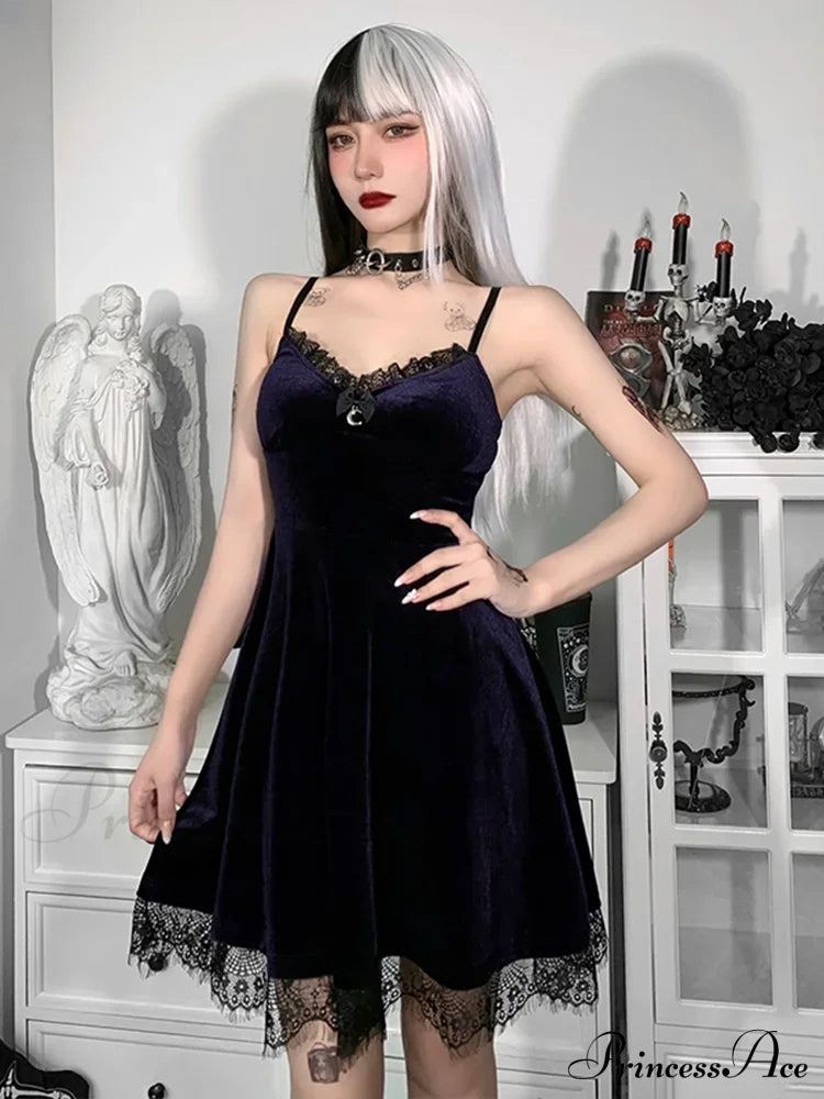 Velvet Spaghetti Strap Backless Moon Pendant Colorful Lace Trim A-Line Waist-in Sleeveless Corset Dress