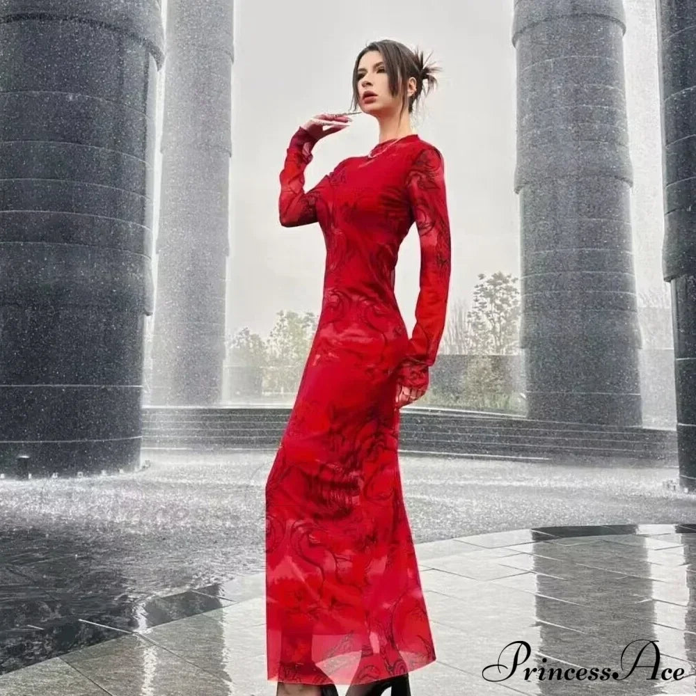 Versatile Limited Printed Screen Dress Women's Fashion Style Year Loong Christmas Party Dress