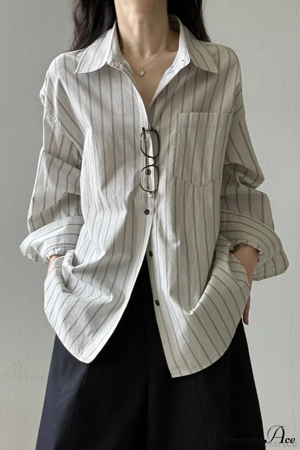 Vertical Stripe Long-Sleeve Cotton Loose Blouse White / M