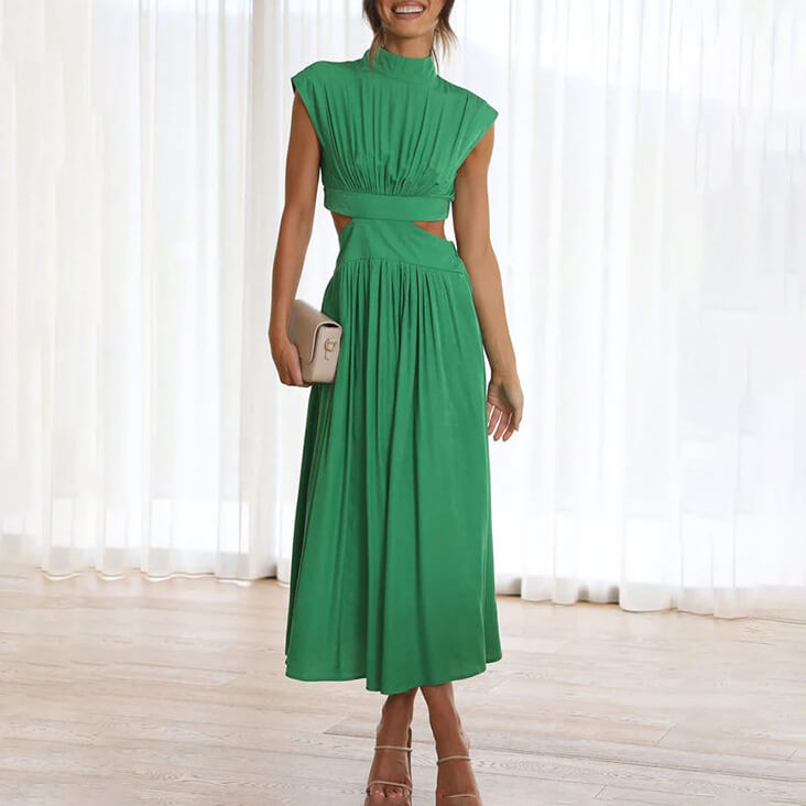 Pleated High Neck Short Sleeve A-Line Midi Dress