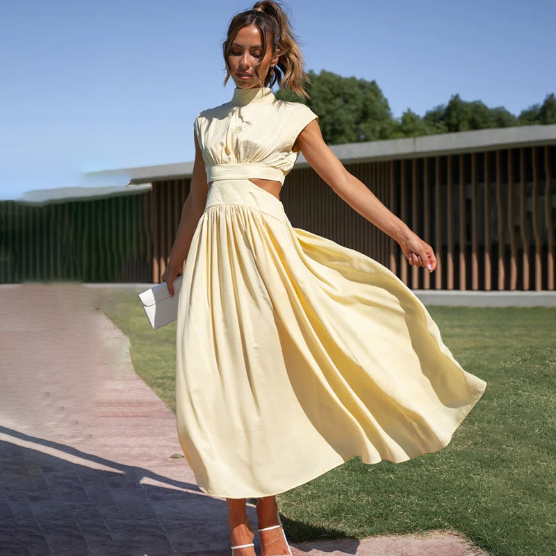 Pleated High Neck Short Sleeve A-Line Midi Dress - View 7