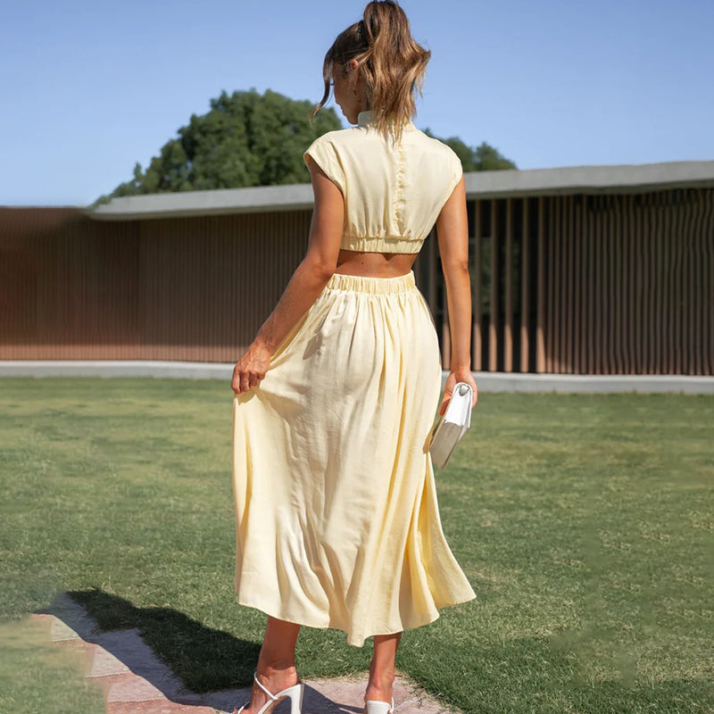 Pleated High Neck Short Sleeve A-Line Midi Dress - View 8