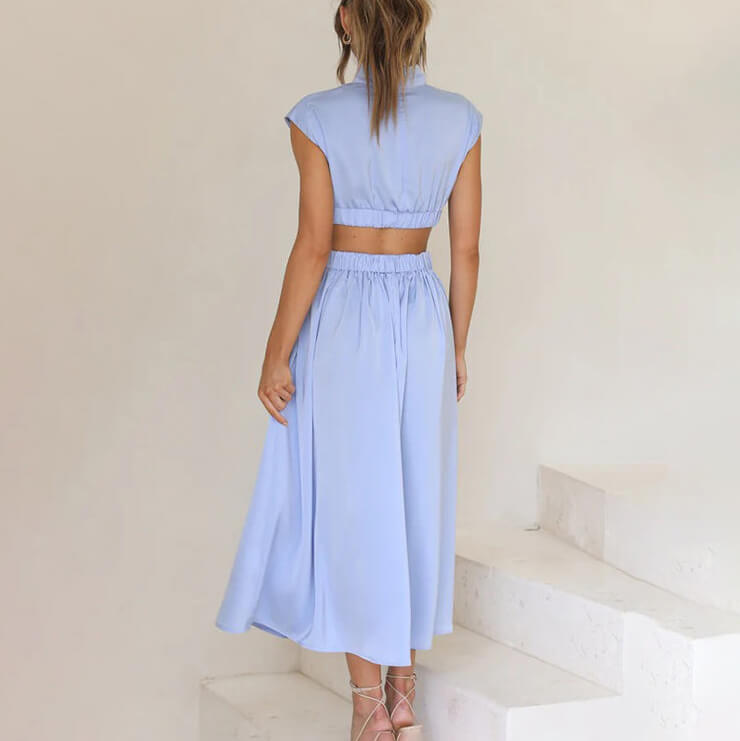 Pleated High Neck Short Sleeve A-Line Midi Dress - View 10
