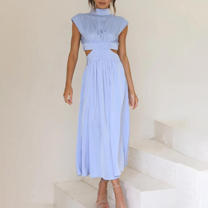 Pleated High Neck Short Sleeve A-Line Midi Dress - View 9