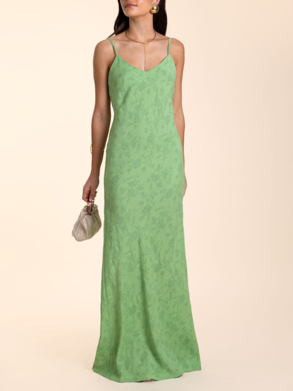 Elegant  Lime Green Jacquard V-Neck Maxi Dress - Fashionpara