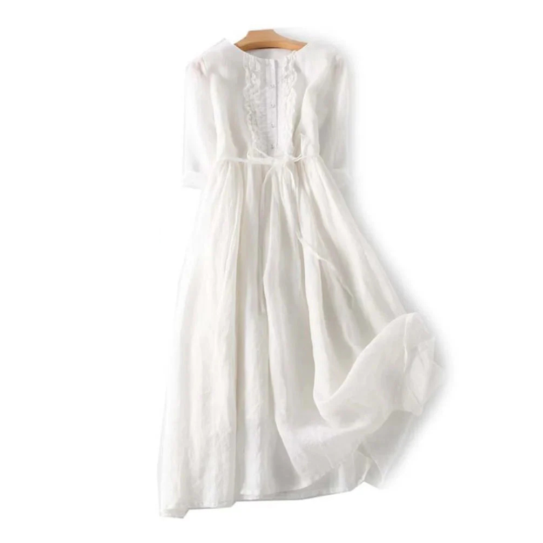 Round Neck Ruffle Placket Drawstring Waist Midi Dress 5