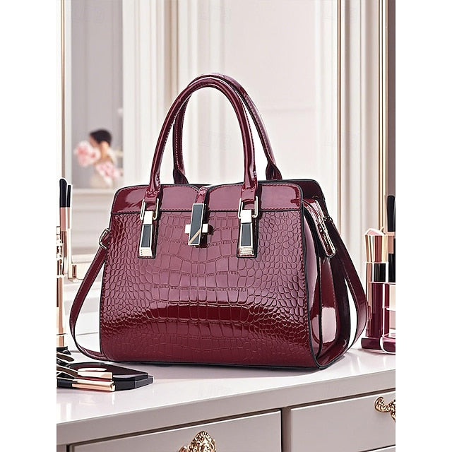 Faux - Croc Patent Handbag Leather Burgundy