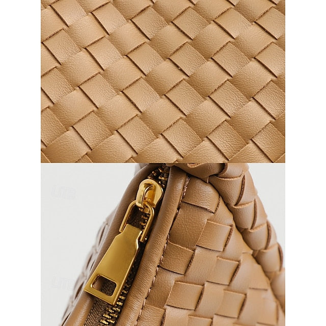 Leather Elegant Woven Chic Bag Hobo Round Ivory