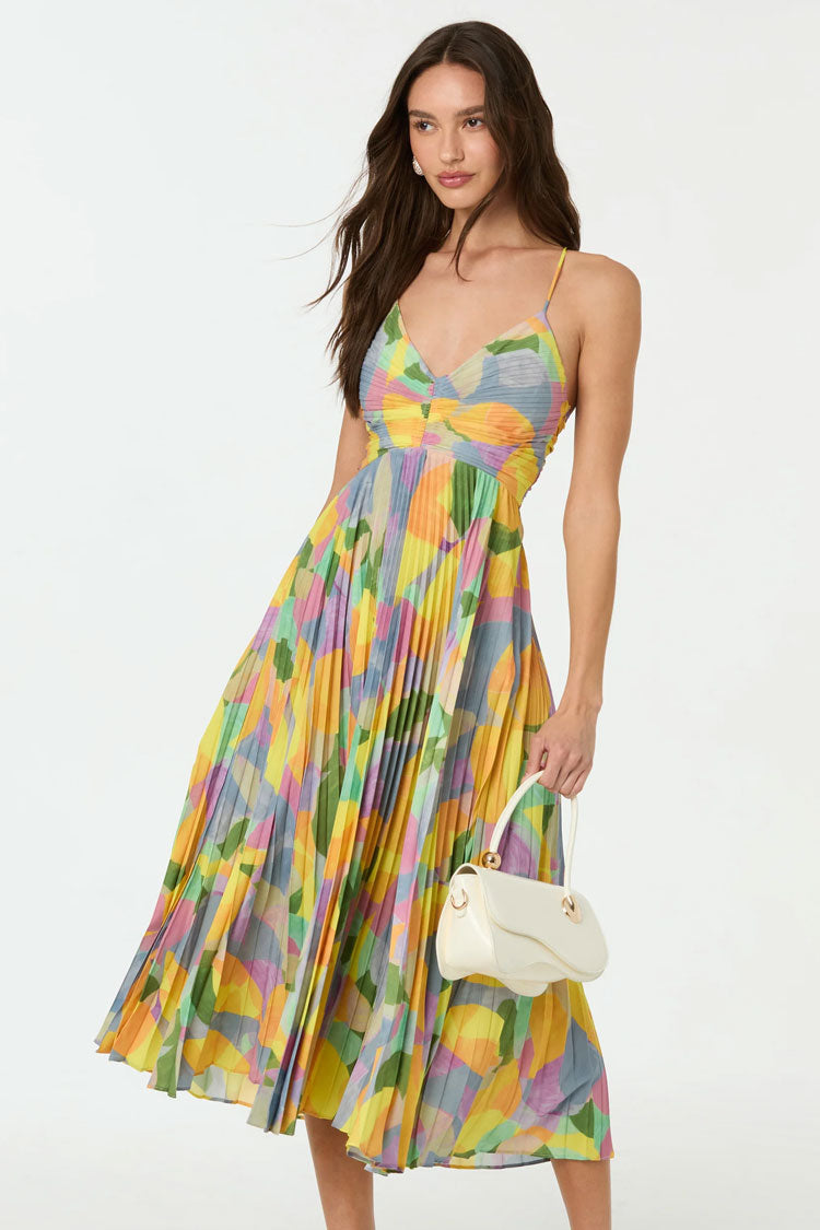 Vibrant Print V Neck Cutout Tie Back Fit Flare Pleated Vacation Midi Sundress