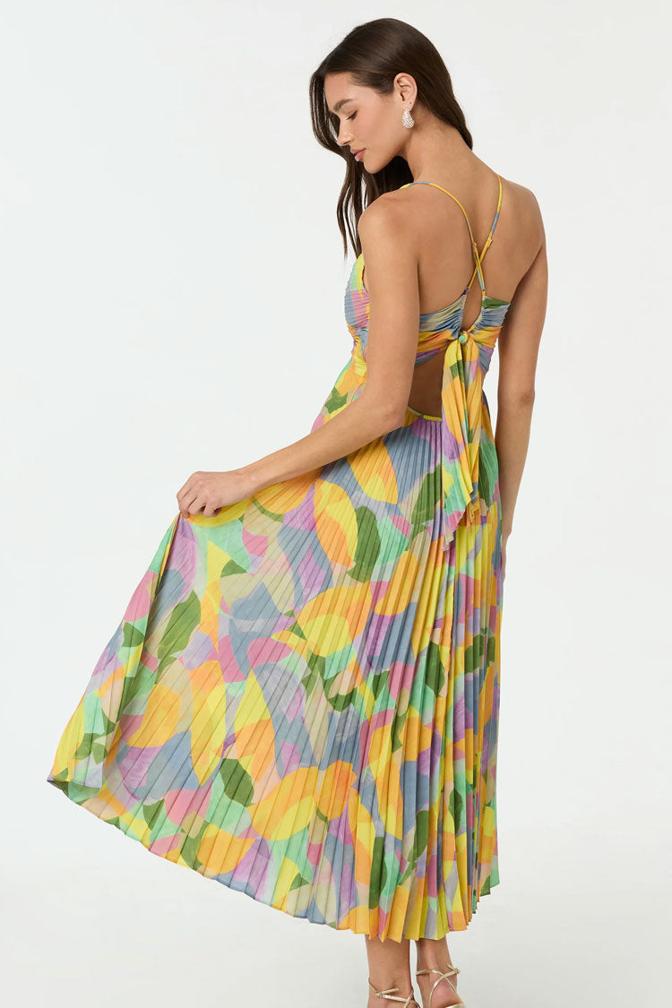 Vibrant Print V Neck Cutout Tie Back Fit Flare Pleated Vacation Midi Sundress