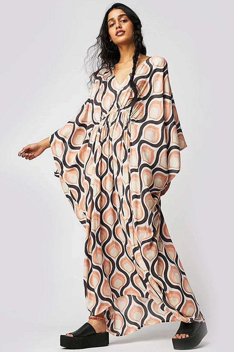 Vibrant Print V Neck Dolman Sleeve Oversized Beach Vacation Maxi Dress