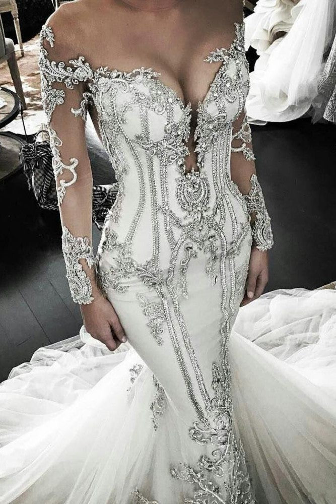 Vintage Appliques Mermaid Wedding Dresses Off the Shoulder Long Sleevess Bridal Gowns