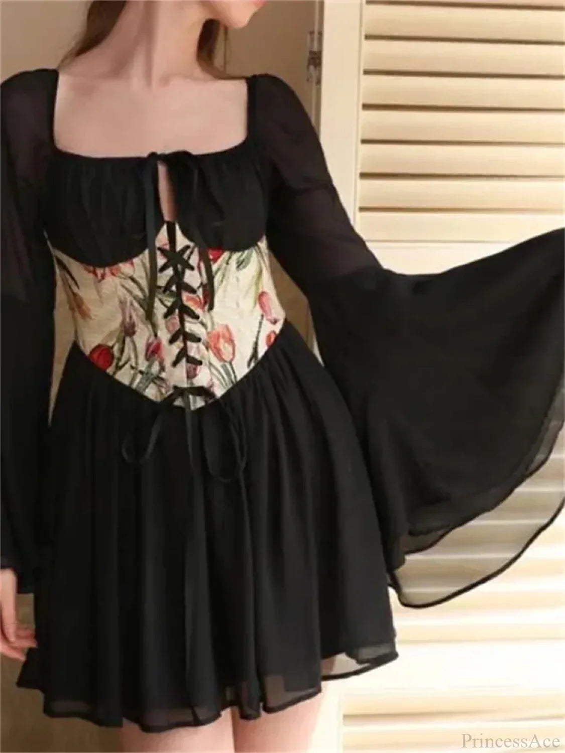 Floral Print Off Shoulder Ruffle Lace Up Corset Mini Dress - View 6