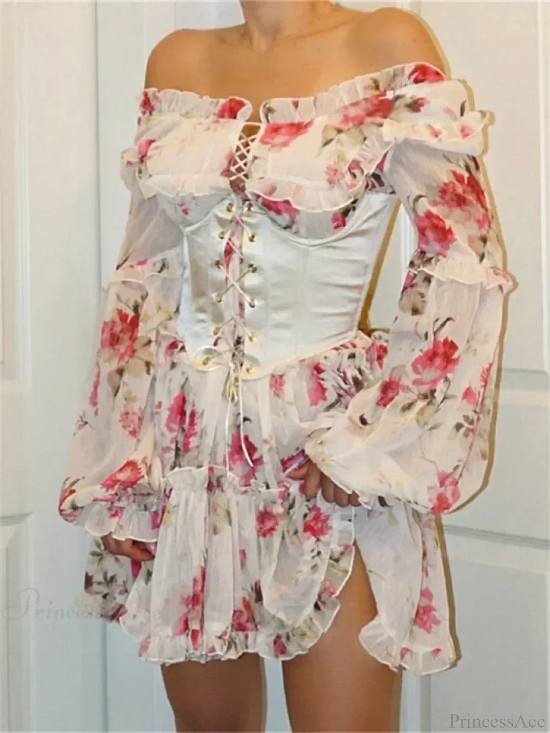 Floral Print Off Shoulder Ruffle Lace Up Corset Mini Dress - View 2