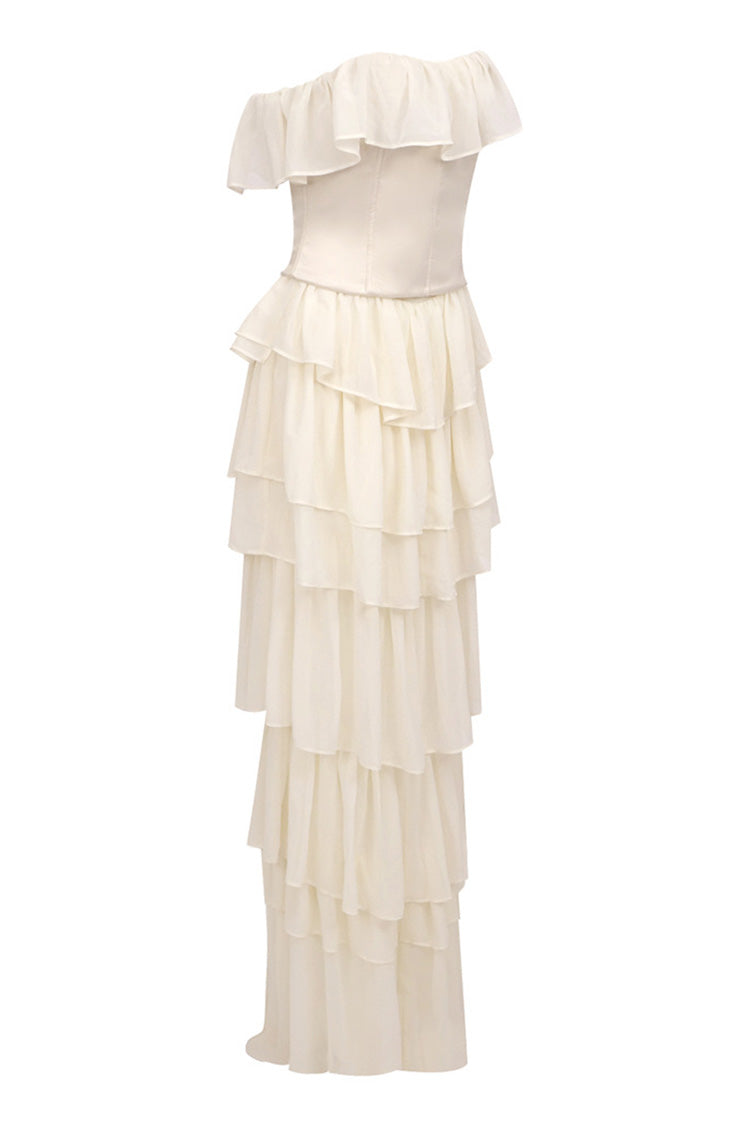 Vintage Bandeau Mesh Lace Up Layer Bustier Chiffon Ruffle Evening Maxi Dress - Fashionpara