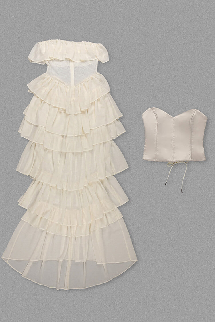 Vintage Bandeau Mesh Lace Up Layer Bustier Chiffon Ruffle Evening Maxi Dress - Fashionpara