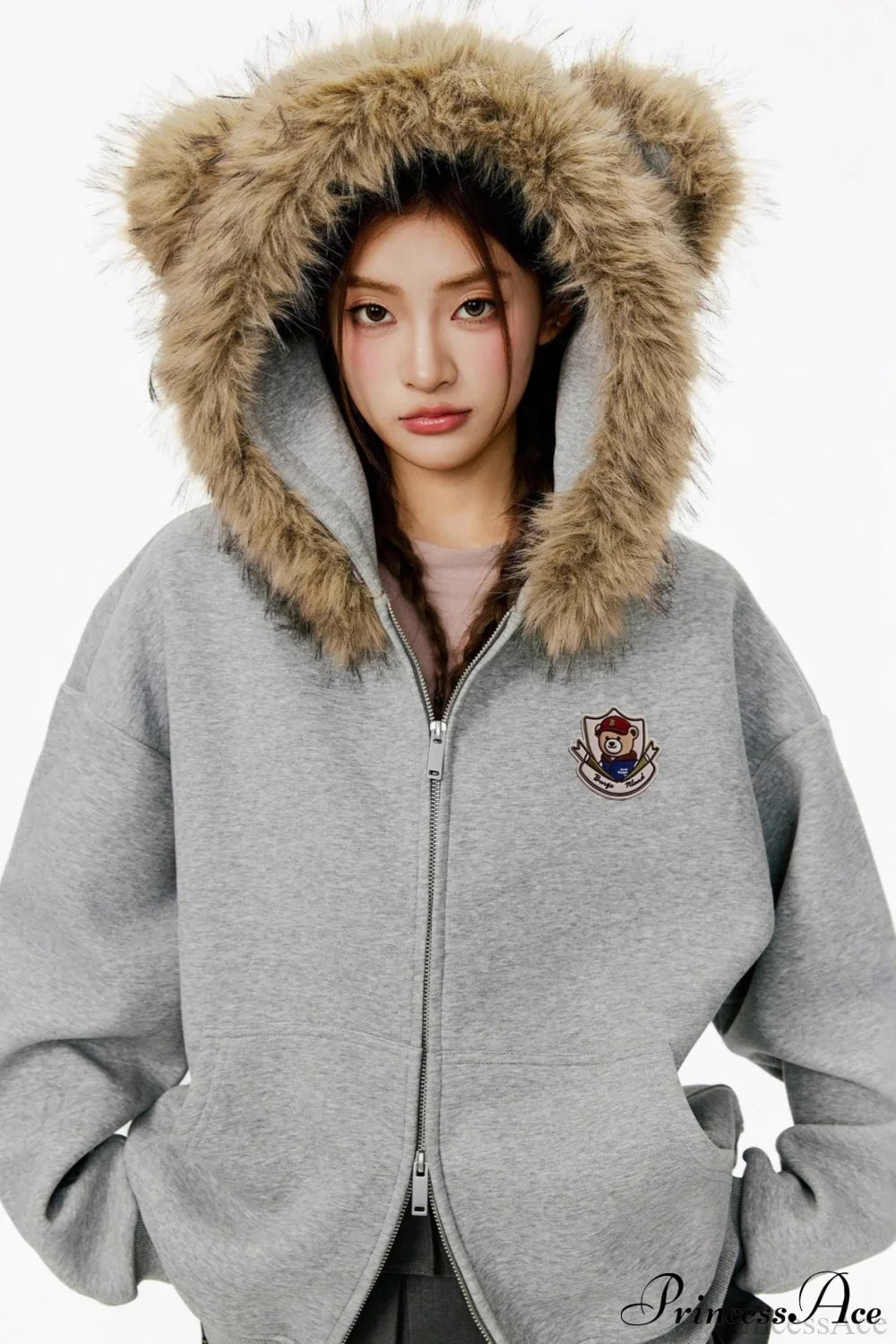 Vintage Bear Ear Fleece Collar Zip Hoodie