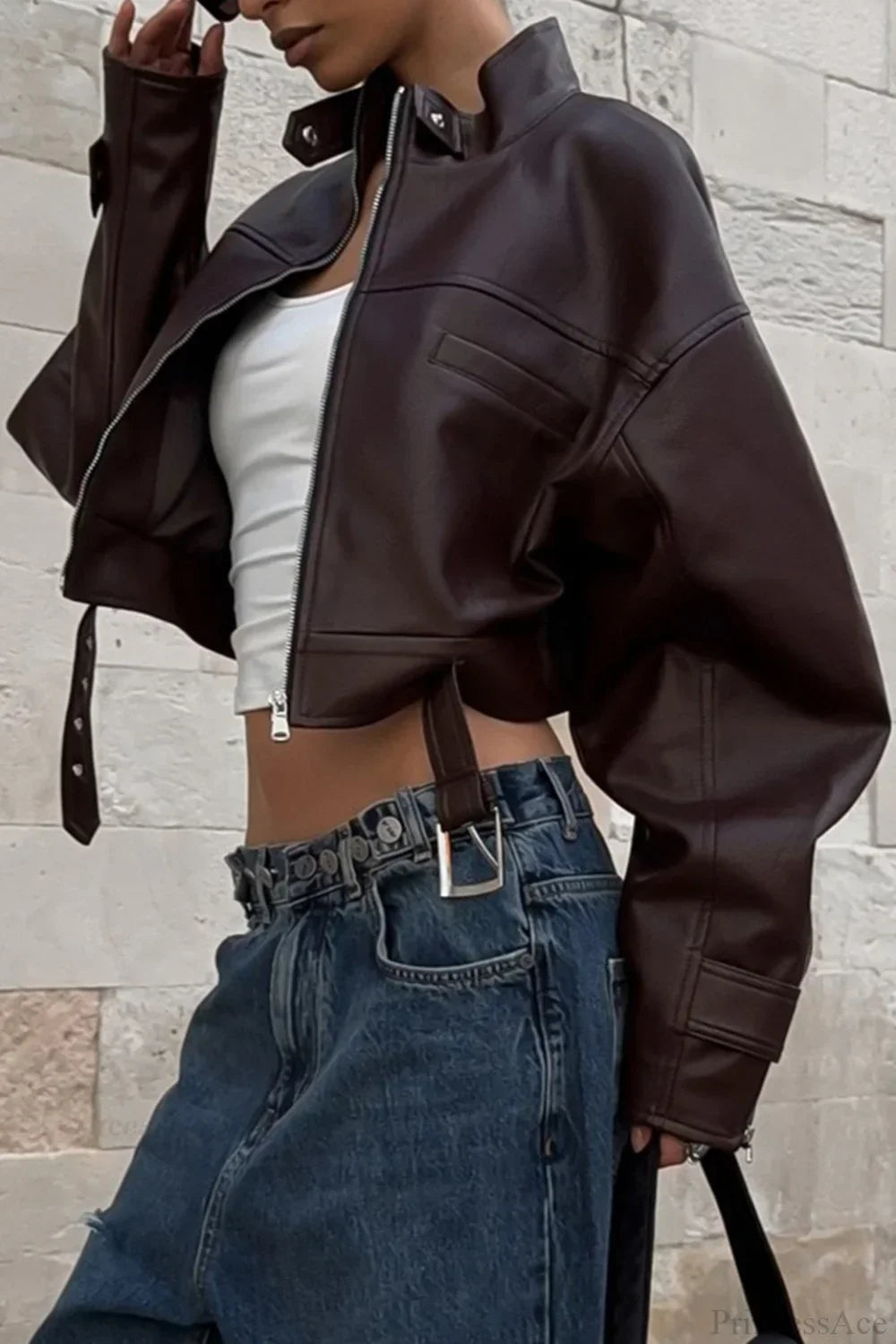 Vintage Biker Stand Collar Zipper Leather Jacket