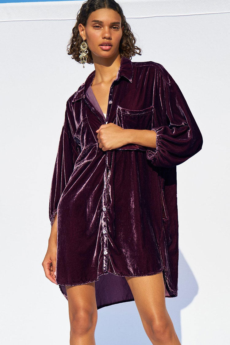Vintage Bishop Sleeve Button Up Velvet High Low Shirt Dress - Purple  Fashionpara