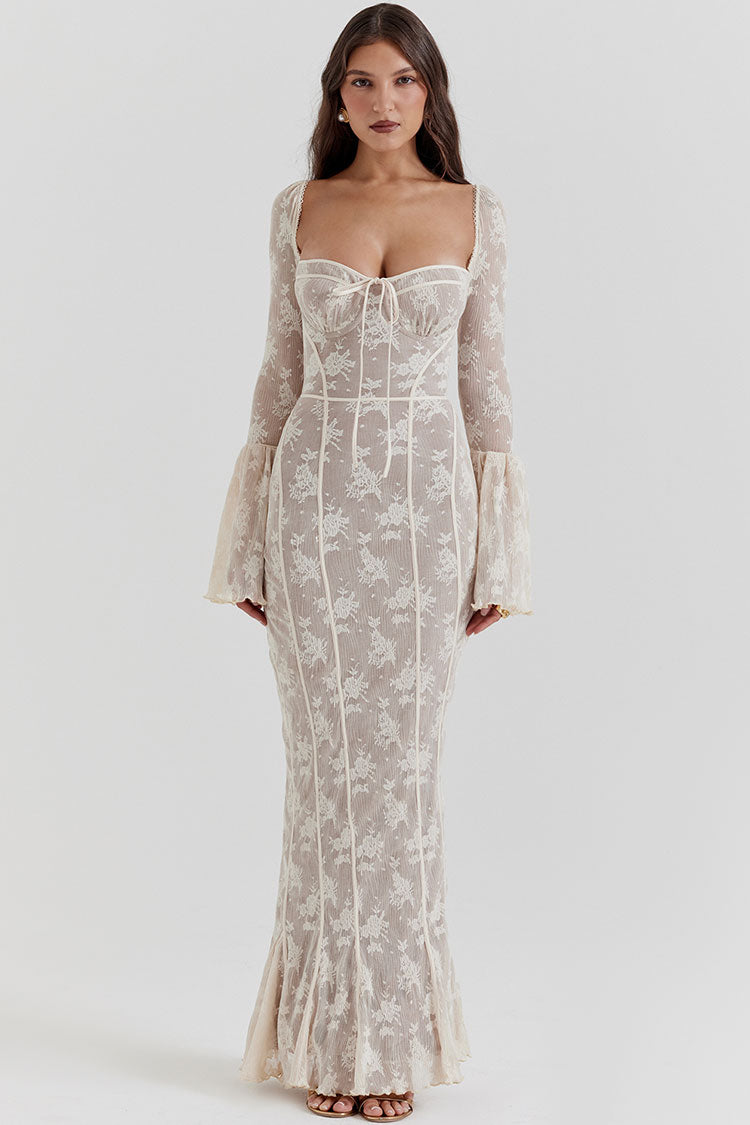 Vintage Bow Tie Pleated Floral Lace Fishtail Evening Maxi Dress - Cream - Fashionpara