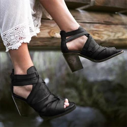 Vintage Buckle Strap Heel Sandals Chunky Heel Sandal